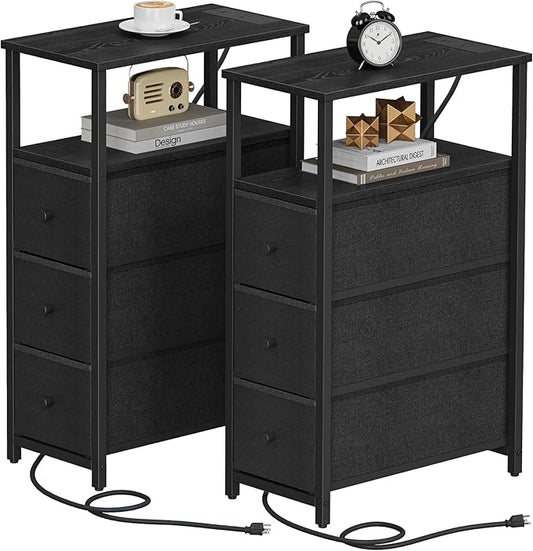 TUTOTAK Narrow Night Stand with Charging Station, Slim End Table with Plugins, Tall Side Table with 3 Fabric Drawer, Small Bedside Table with Storage, Set of 2, Living Room, Bedroom, Black TB01BK073