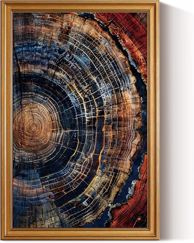 HUARCEY Gold Framed Vintage Wall Deocr for Living Room, Tree Rings Art Abstract Wood Grain Texture Bathroom Art Large Canvas Print Nature Inspired Farmhouse Pictures for Study Office Bedroom 16"x24"