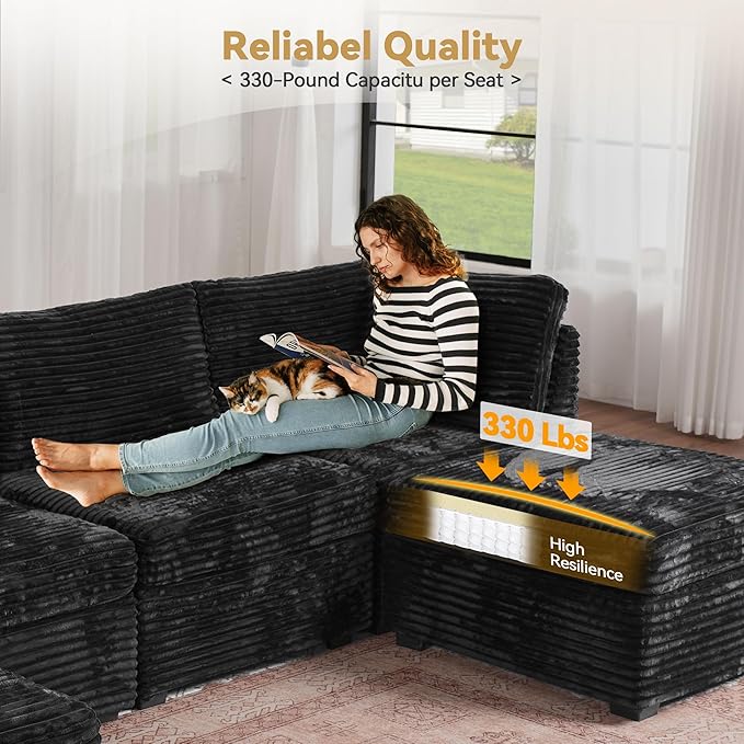 Modular Sectional Sofa, 130.7 Inch U Shaped Couch Set for Living Room, 4-Seater Comfy Cloud Couches with Two Movable Ottoman, Plush Corduroy, Black