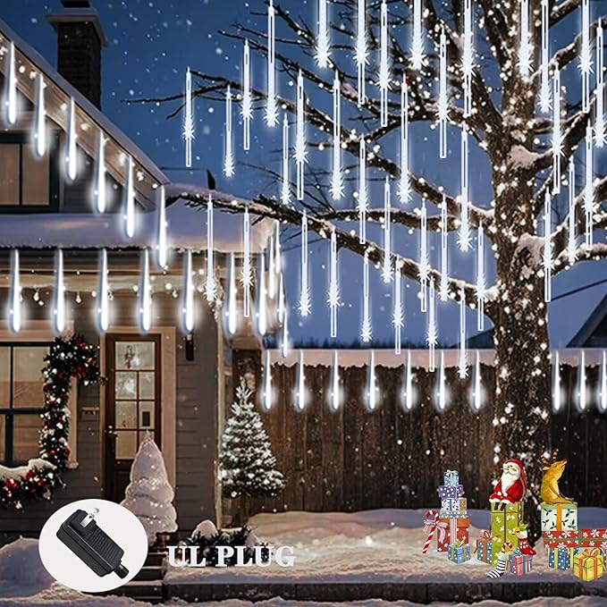 Meteor Shower Lights Christmas Lights Outdoor 24-Tube 576LEDs Snow Falling Rain Cascading Icicle Lights for Xmas Tree Christmas Decorations Wedding Party Holiday Garden Decor, UL Plug White