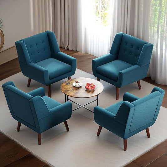 HUIMO Accent Chairs Set of 4, Upholstered Button Tufted Armchair, Linen Fabric Sofa Chairs for Bedroom, Living Room, Mid Century Modern Comfy Reading Chair (Lake Blue)