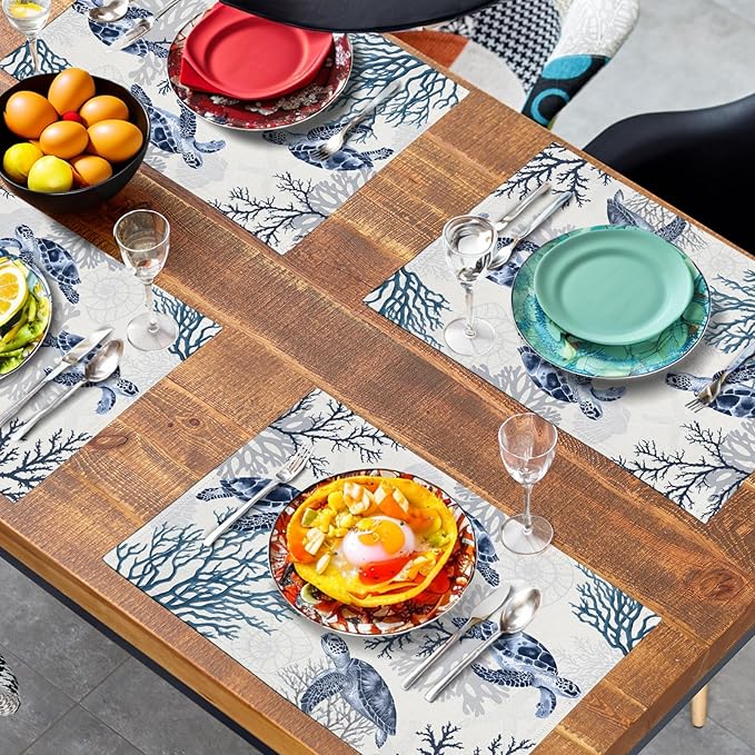 Coastal Beach Placemats Set of 4 Nautical Theme Coral Sea Turtle Navy Blue Place Mat 12x18 Inch Seasonal Summer Ocean Washable Linen Fabric Table Mats for Party Kitchen Dining Decoration