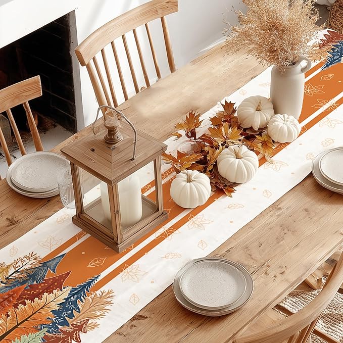 GEEORY Fall Watercolor Trees & Maple Leaves Striped Table Runner 13x72 Inch, Rustic Farmhouse Autumn Thanksgiving Decor for Kitchen, Dining, Indoor/Outdoor Holiday Dinner Party Orange GT157-72