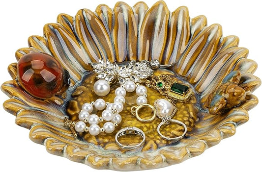 Sunflower Jewelry Dish Trinket Tray Ceramic Key Tray Bowl for Entryway Table, Sunflower Candy Dish Soap Holder Decorative Bowl for Home Decor Kitchen Sink Bathroom Counter (Bee, Ladybug)