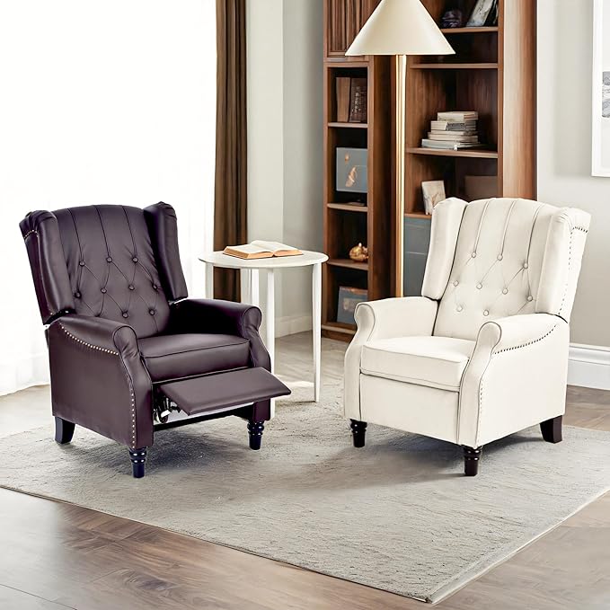 Softa Recliner Chair for Adults, Mid Century Wingback Pushback Accent Chair with Rivet Decoration, Tufted Upholstered Single Sofa Armchair for Living Room, Bedroom, Study (PU, Brown)