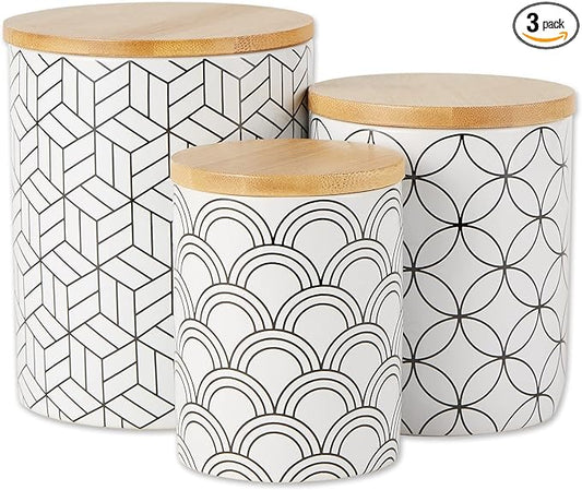 DII Kitchen Ceramics Collection, Canister Set, Mixed Print, White/Black, 3 Piece