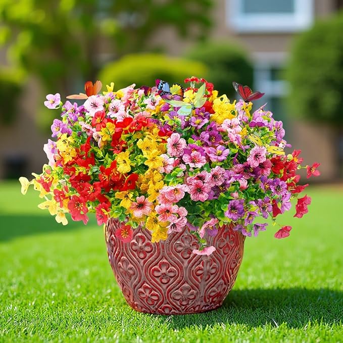 ‌20 Bundles Artificial Flowers for Outdoors‌ with 6 Faux Butterflies, UV Resistant ‌Fake Flowers‌ with Eucalyptus Leaves, ‌Artificial Plants Outdoor‌ for Patio Garden Porch Home Decor (Mix 4 Colors)