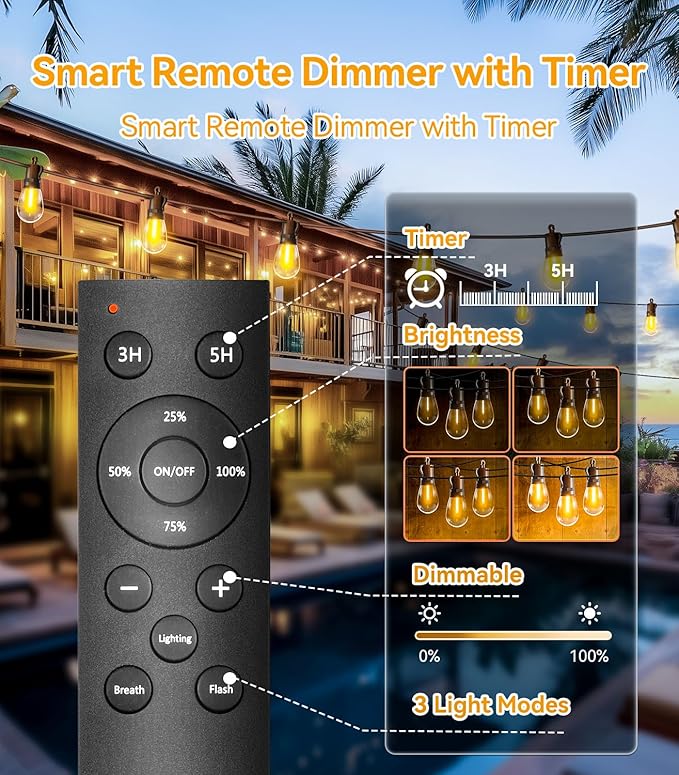Outdoor-String-Lights-Patio-LED-Light-Outside 50Ft 15M Waterproof Remote Dimmable S14 LED Porch Lighting with 15 Edison Plastic Bulb Hanging Lights Connectable for Backyard Yard Gazebo Party Garden