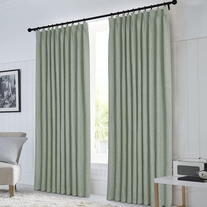 Macochico Pinch Pleated 100% Blackout Curtains Fog Green Linen Curtains for Bedroom Living Room Farmhouse Thermal Insulated Window Panels Pleated Curtains with Hooks and Tieback 52”Wx72”L 1 Panel