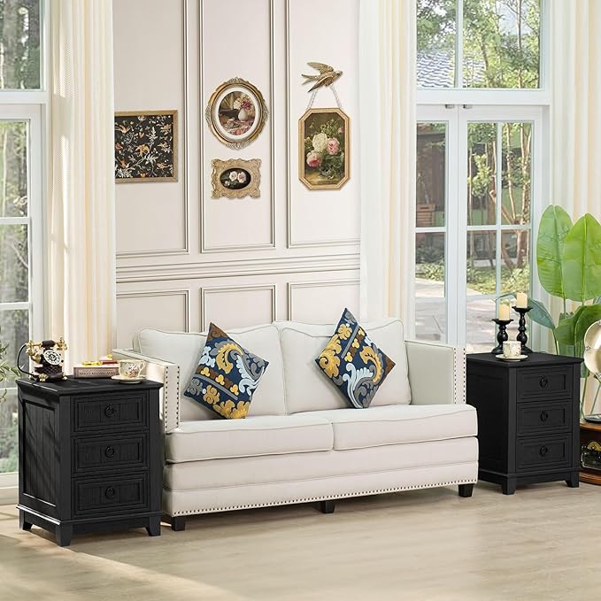 Farmhouse Night Stand Set of 2, 18" End Table with 3 Drawer Metal Handle, Dresser for Bedroom, Sofa Bed Side Table Chest of Drawers,Wood Nightstand Cabinet for Organizer, Living Room-Black