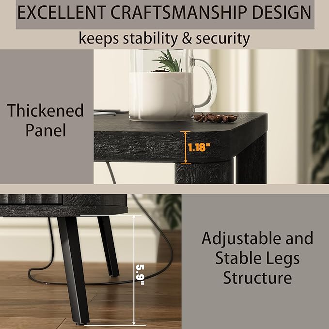 Nightstand with Charging Station, 24" End Table Side Table with Open Shelf, Modern Large Wood Fluted Bedside Cabinet for Bedroom, Living Room, Black