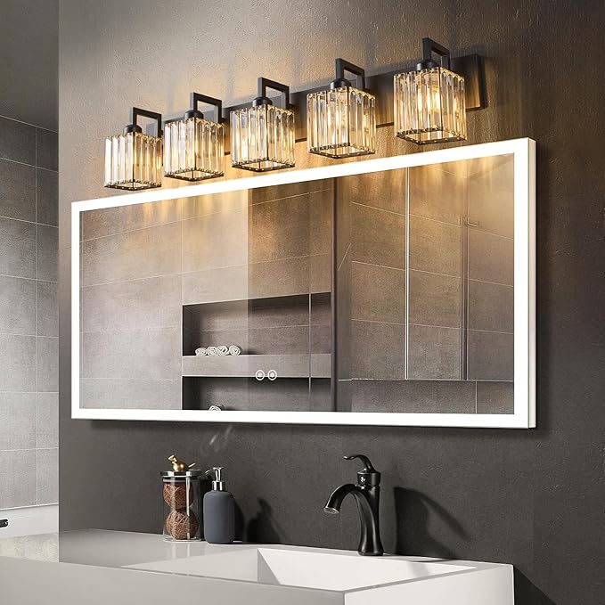 Modern Crystal Bathroom Vanity Light - 5-Lights Black Modern Crystal Wall Lamp for Bathroom Vanity Lighting
