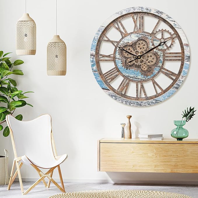 HOIBAI Large Wall Clock, Wall Clocks for Living Room Decor 20 Inch Farmhouse Vintage Rustic Kitchen Wall Decor Vintage Roman Oversized Wall Clock for Home Bedroom House Office, Moving Gears Clock