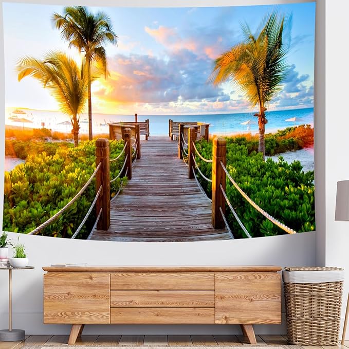 Delur Beach Sunset Tapestry Tropical Seaside Palm Tree Coastal Tapestry Wall Hanging Sunrise Nature Landscape Scenic Psychedelic Headboard for Bedroom Living Room Home Decor (51.2" x 59.1")