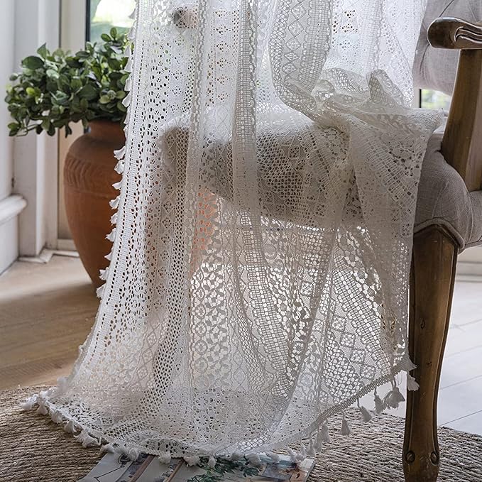 Sutuo Home White Crochet Boho Curtains 72 Inches Length, Sheer Lace Handmade Tassels Knitted Window Treatment Vintage Rustic Bohemian Farmhouse Drape for Bedroom Rod Pocket 1 Panel 59" W x 72" L