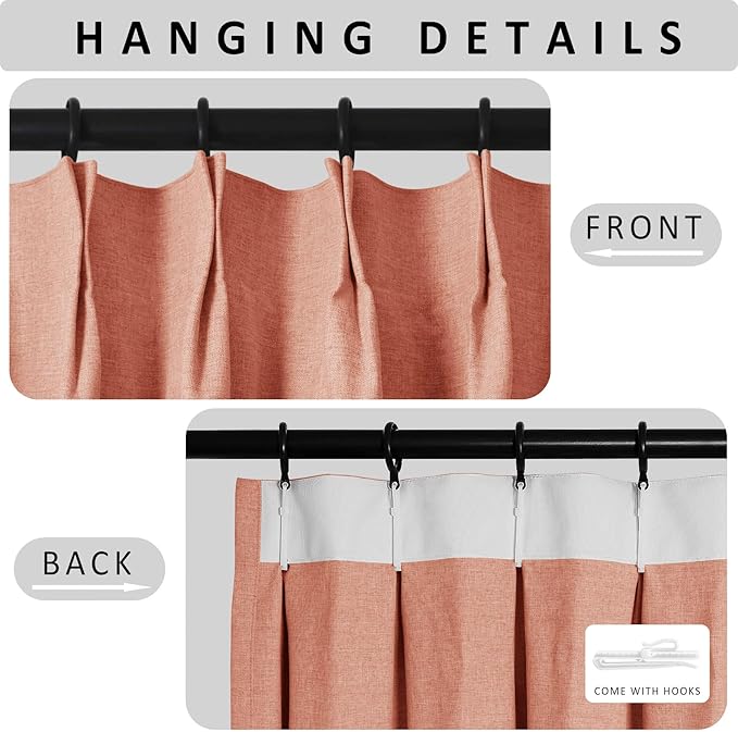 Macochico Orange 100% Blackout Linen Curtains 96 Inches Long Pinch Pleated Curtains for Bedroom Living Room Nursery Farmhouse Insulated Sound Reducing Drapery with Tieback 84”Wx96”L 1 Panel