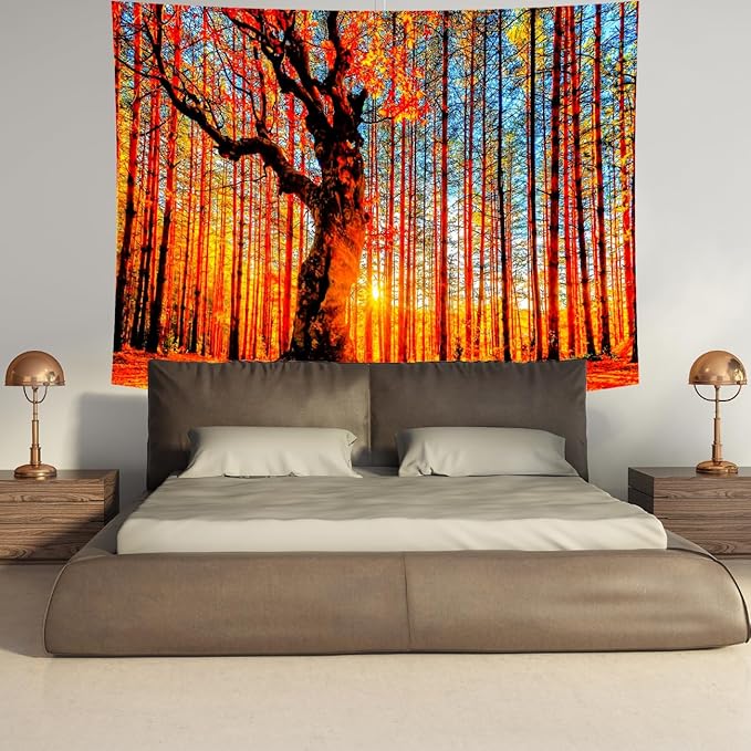Delur Sunset Forest Tapestry Tree of Life Tropical Rainforest Landscape Tapestry Wall Hanging Scenic Nature Woodland Natural Sunrise Headboard for Bedroom Living Room Home Decor (59.1" x 78.7")