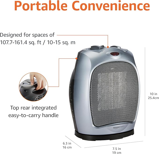 Amazon Basics Oscillating Ceramic Space Heater, Portable Indoor Heating Solution, With Overheat and Tip-Over Protection, Thermostat, 1500W, 7.52"D x 6.34"W x 9.45"H, Silver