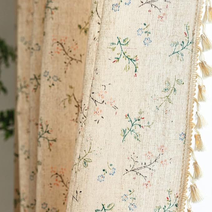 Sutuo Home Florals Boho Farmhouse Curtains, Semi-Blackout Drape Bohemian Window Treatment Cotton Linen Panel with Tassels for Bedroom Living Room, Rod Pocket, 1 Panel 59" W x 84" L