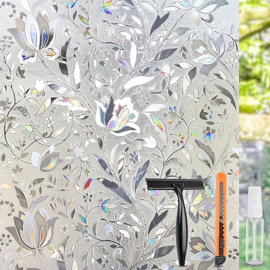 HIDBEA Window Privacy Film, 3D Stained Glass Static Cling - Sun Blocking Anti-UV Heat Control, Reusable Decorative Film for Home/Office Doors, Rainbow Tulip Design (29.5 in x 78.7 in)