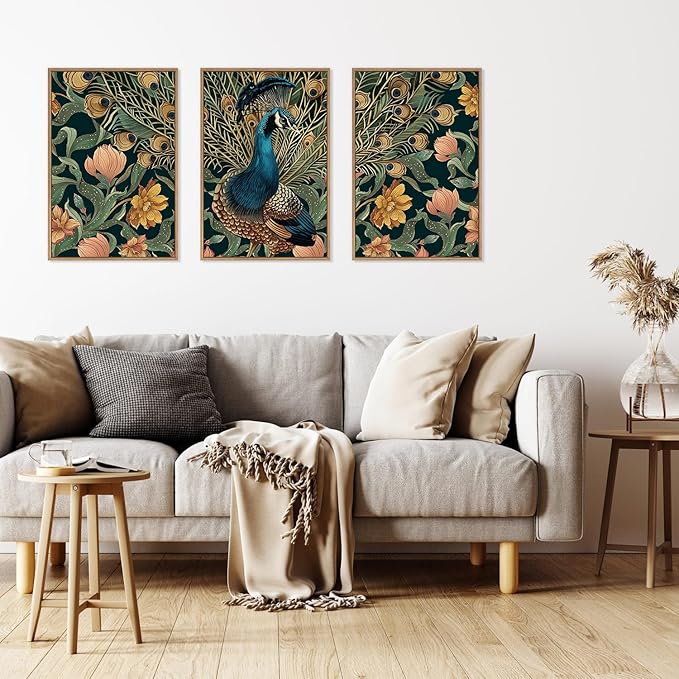 HLNIUC Peacock Framed Canvas Wall Art,Large Peacock Flower Wall Decor Set of 3(16”x24”)Modern Elegance Peacocks Floral Framed Painting,Vintage Beautiful Animal Feather Art Print for Living Room,Office