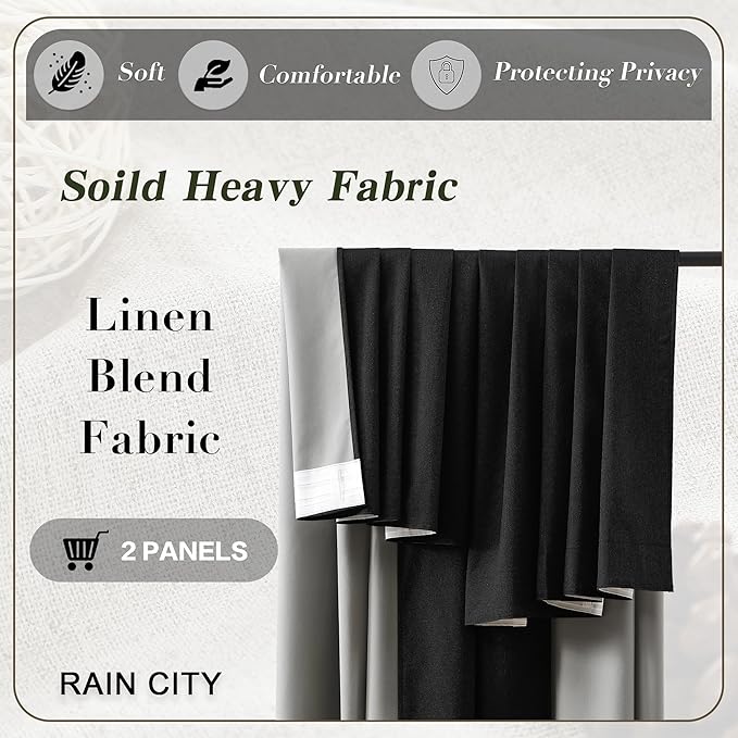 RAIN CITY Full Blackout Curtains Short 63 Inches Long, Bedroom Curtains for Home Decor, Back Tab Pleated Look Curtains with Hooks-50 x 63 Inch, Black Color
