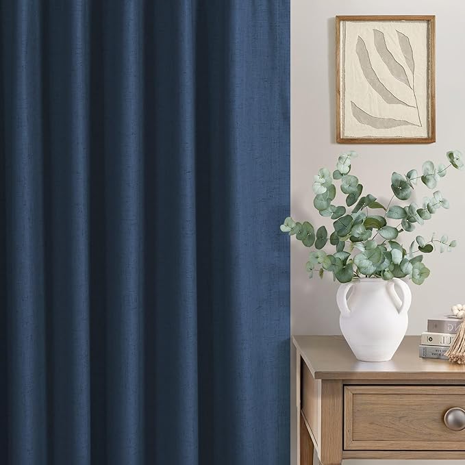 Navy Blue Curtains 102 Inches Long for Livingroom 2 Panels 100% Blackout Back Tab Pocket Cooling Sun Heat Light Blocking Linen Curtains for Bedroom Dining Room 8.5 FT Dark Blue Black Out Drapes Winter