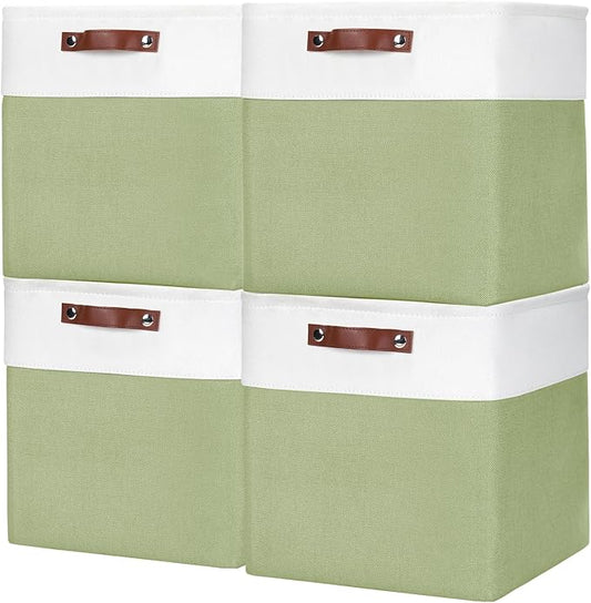13x13 Cube Storage Bins, Collapsible Fabric Storage Box, 4 Pack Closet Baskets with Handles for Organizing, Shelf, Toys, Clothes, Home, Office, Nursery (Green&White)