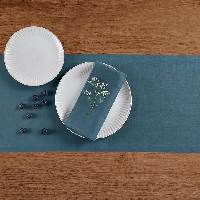 Solino Home Linen Table Runner 90 Inches Long - 100% Pure Linen Peacock Blue Table Runner 14 x 90 Inch - Fete