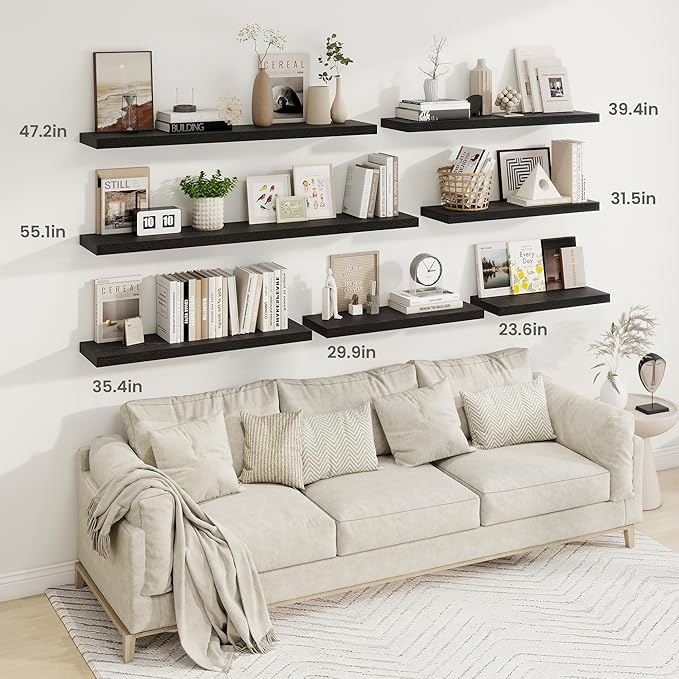 Fun Memories 40" Rustic Wood Floating Shelves with Invisible Brackets for Storage & Decor, Deep Wall Mounted Shelves for Bathroom, Kitchen, Living Room (Black, Set of 2)