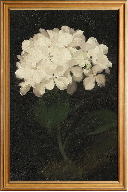 HUARCEY Gold Framed Vintage Wall Art for Living Room, Flowers Painting Canvas Prints Shelf Decor for Kitchen, Aesthetic Bedroom Wall Art, Christmas Gifts for Friends Family (White Hydrangea 16"x24")