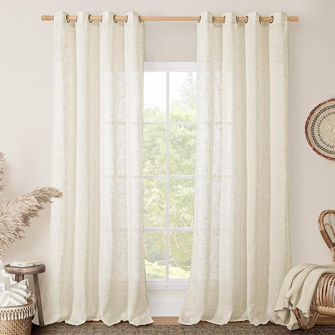 LAMIT Natural Cream Ivory Long Linen Curtains for Living Room, 108 inches Long Bronze Grommet Light Filtering Window Textured Neutral Sheer Drapes for Bedroom Farmhouse, 2 Panels, 52 x 108 Inch