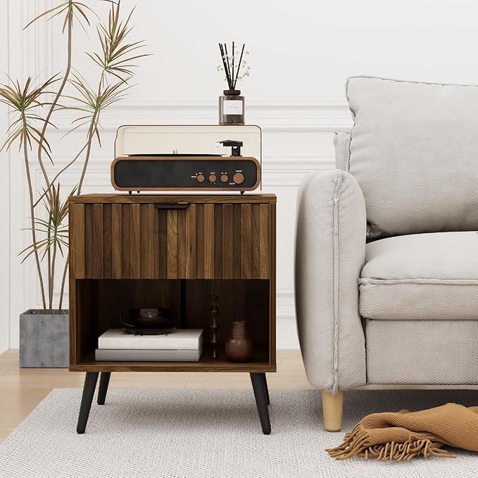 Smuxee Walnut Wooden Night Stand, Mid Century Nightstand with Fluted Drawer, Bedside Table with Open Shelf, Modern End Side Table for Bedroom