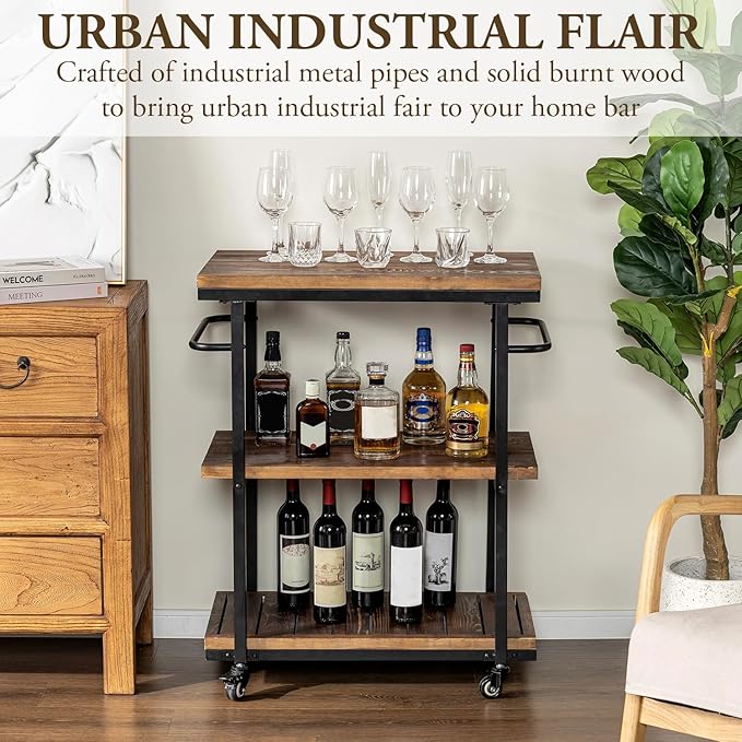 Bar Carts for The Home, Rolling Home Bar Serving Cart on Wheels, 3 Tier Portable Bar Cart, Rolling Coffee Cart with Lockable Wheels, Rustic Burnt Solid Wood and Industrial Matte Black Metal
