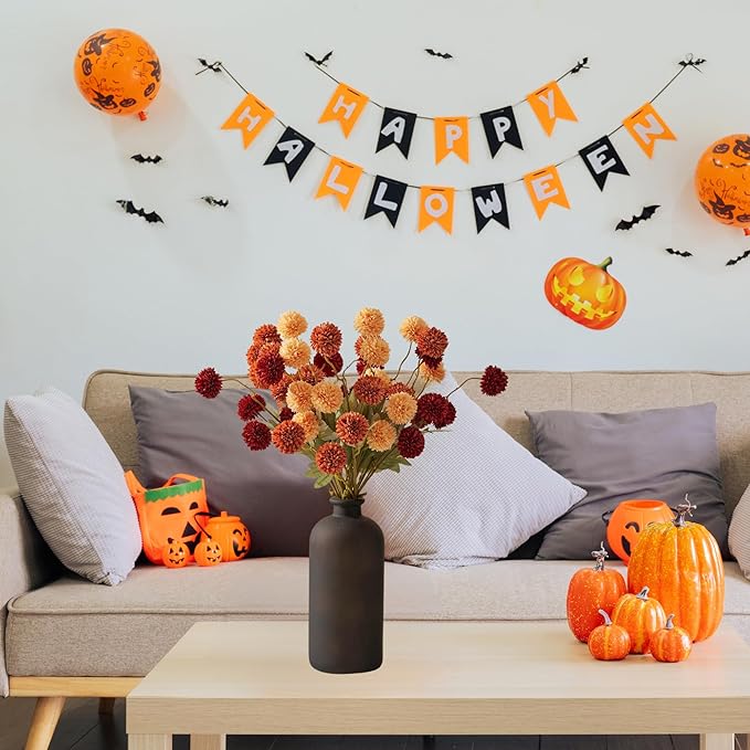 Fall Flowers, Burnt Orange Faux Kiku Flowers Artificial 10 Stems + Eucalyptus, Fake Silk Mums Fall Floral Centerpiece, Autumn Decor, Terracotta Mini Balls Faux Stems For Vase, Decoración de Otoño