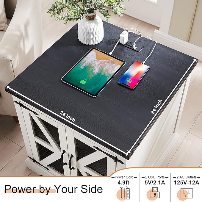 JXQTLINGMU Farmhouse End Table, 24" Large Sofa Side Table with Charging Station, Mesh Barn Door, and Adjustable Storage Shelf, Rustic Wood Square Nightstand for Living Room, Bedroom, Office, White
