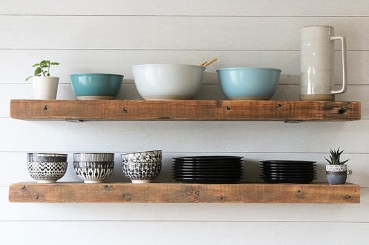 Urban Legacy Deep Floating Shelves | Reclaimed Chunky Wide Plank Barn Wood Shelves with Low Profile Brackets | High Weight Capacity