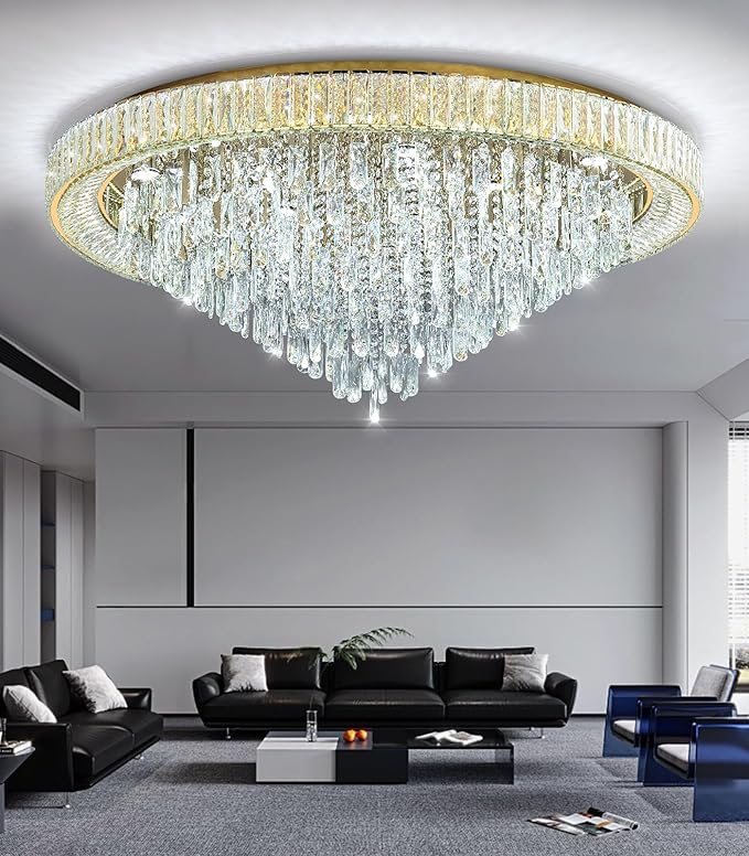Modern Crystal Chandeliers LED Dimmable Flush Mount Ceiling Chandeliers for Living Room High Ceiling Entrance Foyer Lobby Bedroom Gold