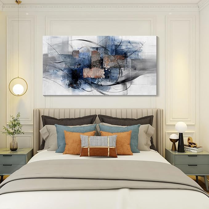 Mofutinpo Canvas Wall Art for Living Room, Bedroom, Office - Large Wall Art Decor - Abstract Wall Art - Modern Black and White Paintings,Blue and Grey Wall Decor, Artwork and Pictures for Wall 24×48