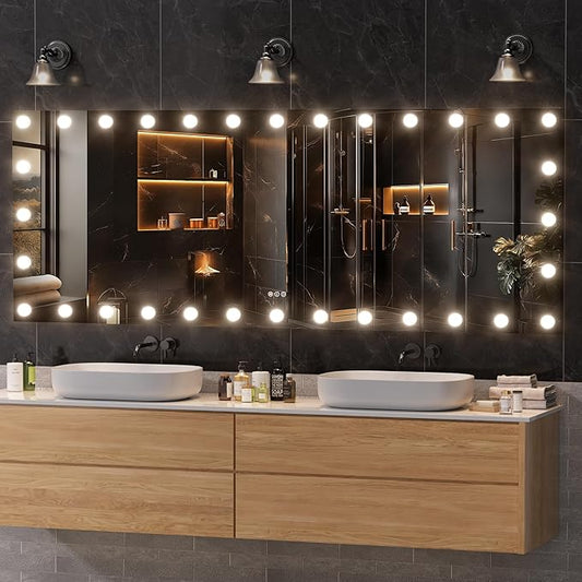 Hasipu LED Bathroom Mirror with Lights, 84" x 31" Hollywood Wall-Mounted Bathroom Mirror with 32 Dimmable Bulbs, 3 Colors Modes, Touch Control, Anti-Fog, Memory Function, Shatter-Proof, ETL Listed