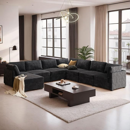 Modular Sectional Sofa with Chaise U Shaped Sectional Couch for Living Room, 8-Seater Comfy Cloud Couches with One Movable Ottoman, Plush Corduroy, Black