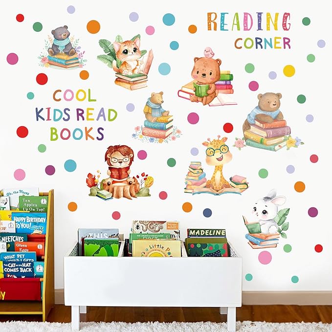 Reading Corner Decor,Reading Books Wall Decals,Learning Study Wall Stickers,Cartoon Animals Window Decals,Giraffe Bear Rabbit Read Books Stickers for Toddler Nursery Bedroom Classroom School