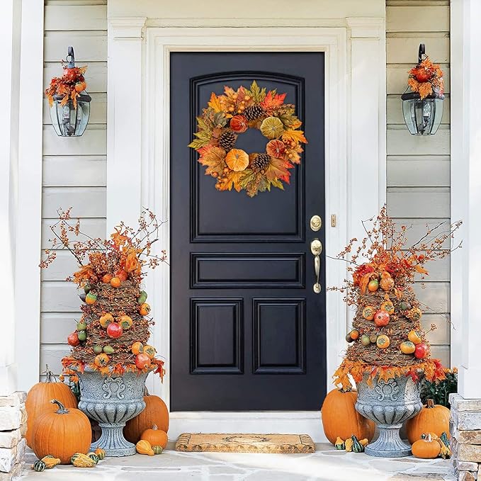 Fall Wreaths for Front Door 16'' Autumn Velvet Pumpkin Wreath with Metal Hook Harvest Maple Wreath Fall Decoration for Home Halloween Thanksgiving Decoration, Briful