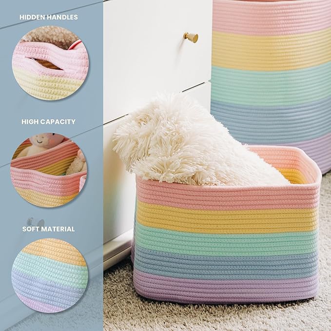 OrganiHaus Rainbow Woven Storage Baskets for Organizing, Cotton Rope Organizer Bins for Shelves, Closet & Nursery, Dog Toy Basket, Decorative Bins for Toys, Towels & Books - 15x10x9