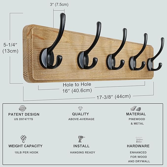 Dseap Wall Mounted Coat Rack: Patented, Heavy-Duty, 17.4" Long 5-Double-Hooks Wooden Hanger Rail for Winter Coats, Hats, Jackets, Clothing - Black, Pack of 2