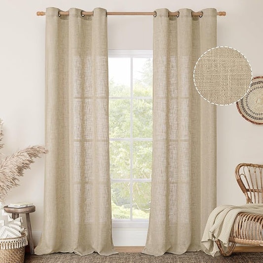 LAMIT Linen Blended Curtains for Bedroom, Linen Textured Light Filtering Drapes Bronze Grommet Boho Burlap Panels for Farmhouse/Living Room, 2 Panels, 38 x 84 Inch, Brown