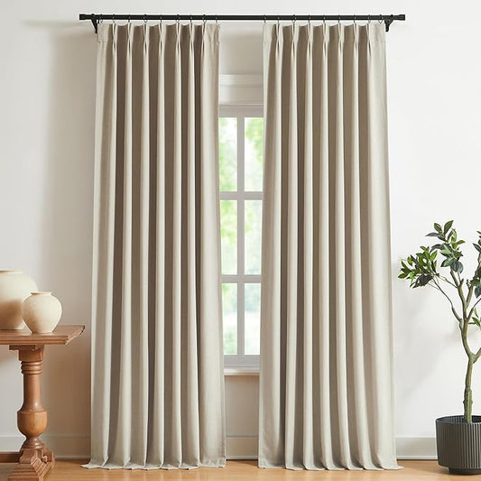 Vision Home Sand Pinch Pleated Full Blackout Curtains Linen Blended Room Darkening Window Curtains 108 inch for Living Room Bedroom Thermal Insulated Pinch Pleat Drapes with Hooks 40" Wx108 Lx2