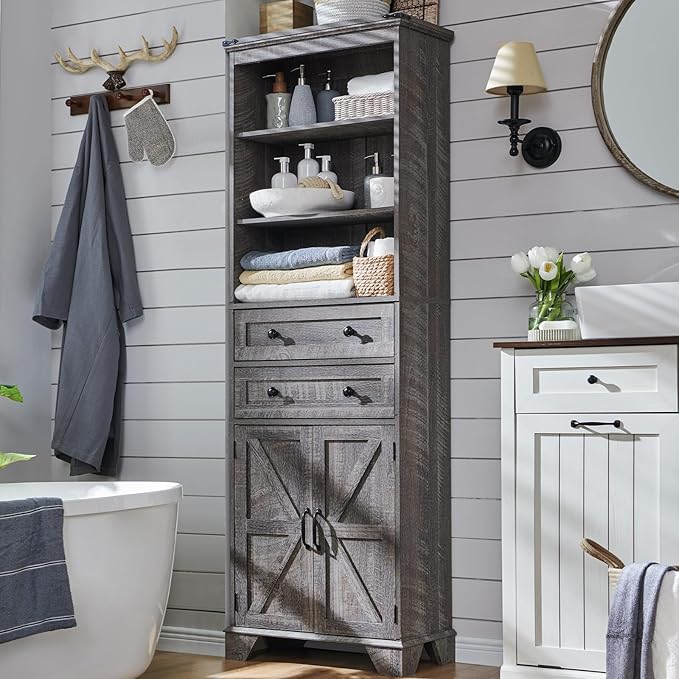 Bathroom Storage Cabinet, 72" Tall Farmhouse Storage Cabinet with 2 Drawers, Adjustable Shelves & Barn Door, Cabinet for Bathroom, Living Room, Kitchen, Grey Wash