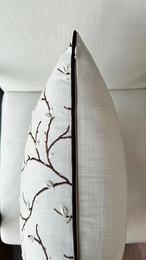 VAGMINE Embroidered Pussy Willow Throw Pillow Cover - 20x20 Inches Square - 100% Cotton Ivory Cushion Cover - Delicate Floral Stitchwork - Chic Home Accent for Sofa, Lounge, Rustic Farmhouse Décor
