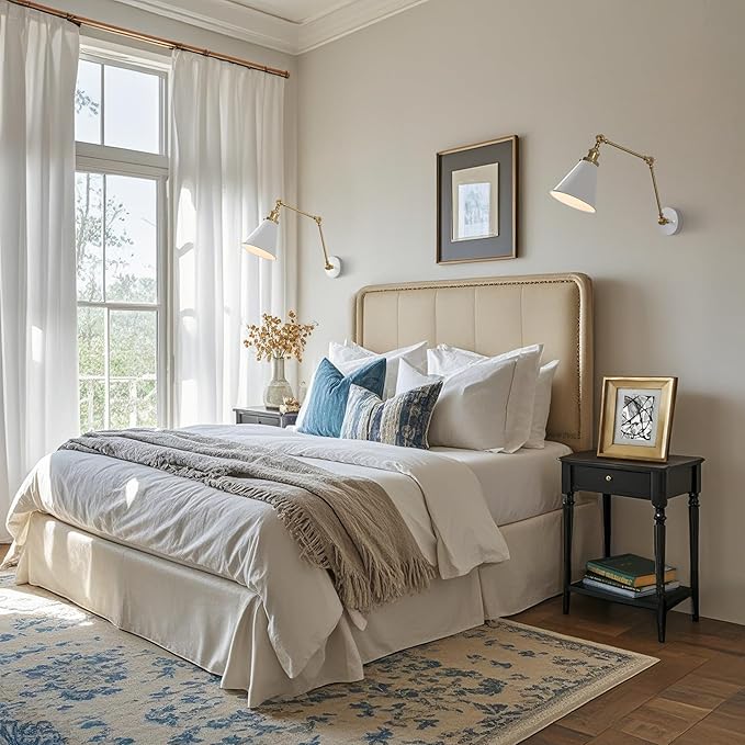 JONATHAN Y JYL7462B-SET2 Rover 7" Classic Industrial Metal Adjustable Arm LED Wall Sconce, White/Brass Gold (Set of 2) for Bedroom, Bathroom, Vanity